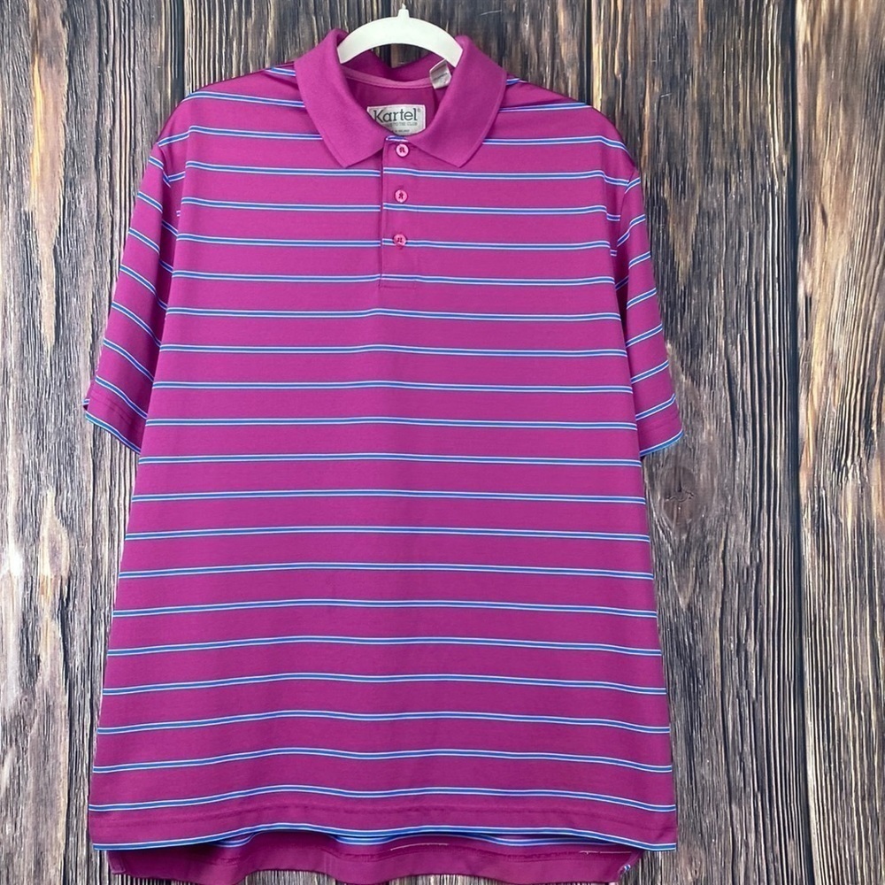 Kartel Men’s Golf Shirt- Pink With Blue Stripes- Size XL
